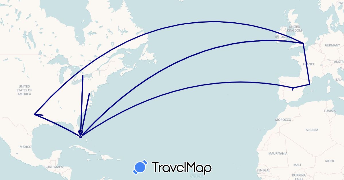 TravelMap itinerary: driving in Canada, Spain, United Kingdom, United States (Europe, North America)